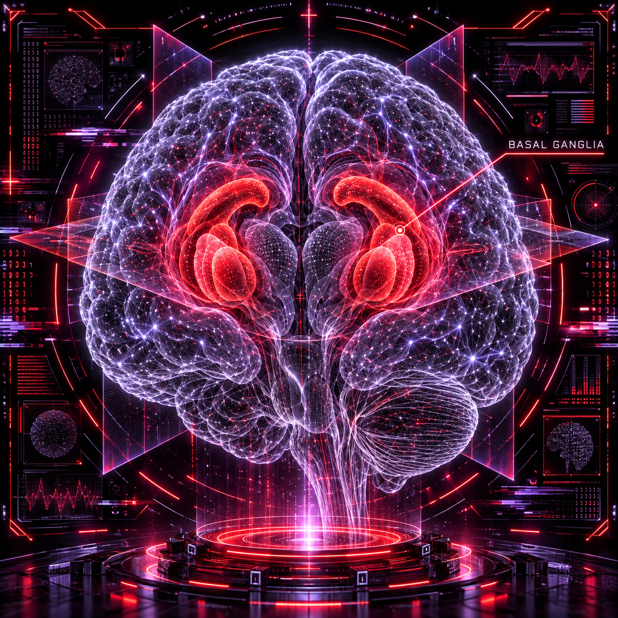 Futuristic transparent brain illustration with paired deep basal ganglia highlighted in crimson.