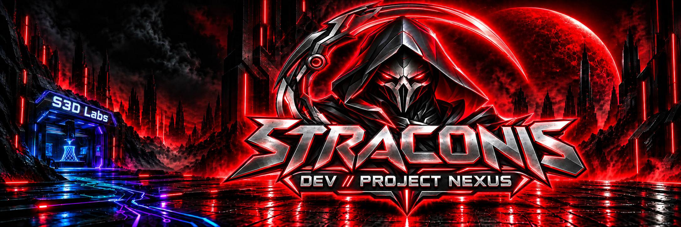 Straconis Dev Project Nexus reaper logo over a red cyberpunk city, with the S3D Labs doorway on the left.
